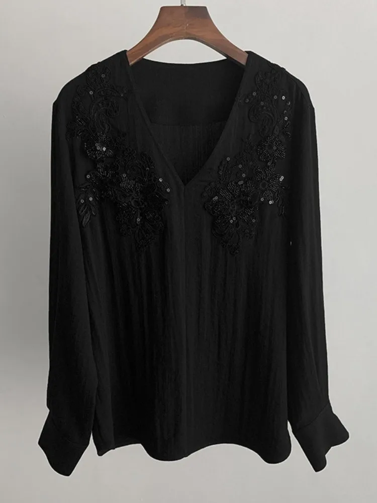 Femmes bureau élégant couleur unie à manches longues pull chemise col en v mode perles broderie paillettes coupe ample Blouses décontractées