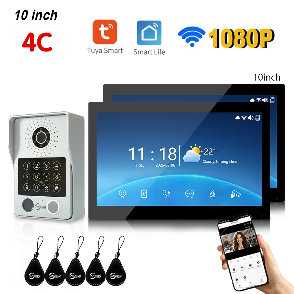 ANJIELO Tuya 4-Wire Video Door Phone 1080P Home Intercom System IC Card Password Unlock 7/10.1 Inch Touch Screen Indoor Monitor