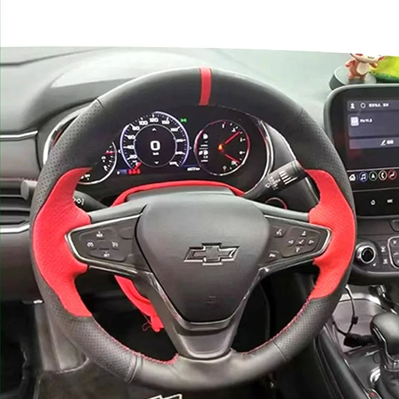 

For Chevrolet Cruze 2014-2018 Volt 2014-2019 Hand Stitched renovation wear-resistant leather black red car Steering Wheel Cover