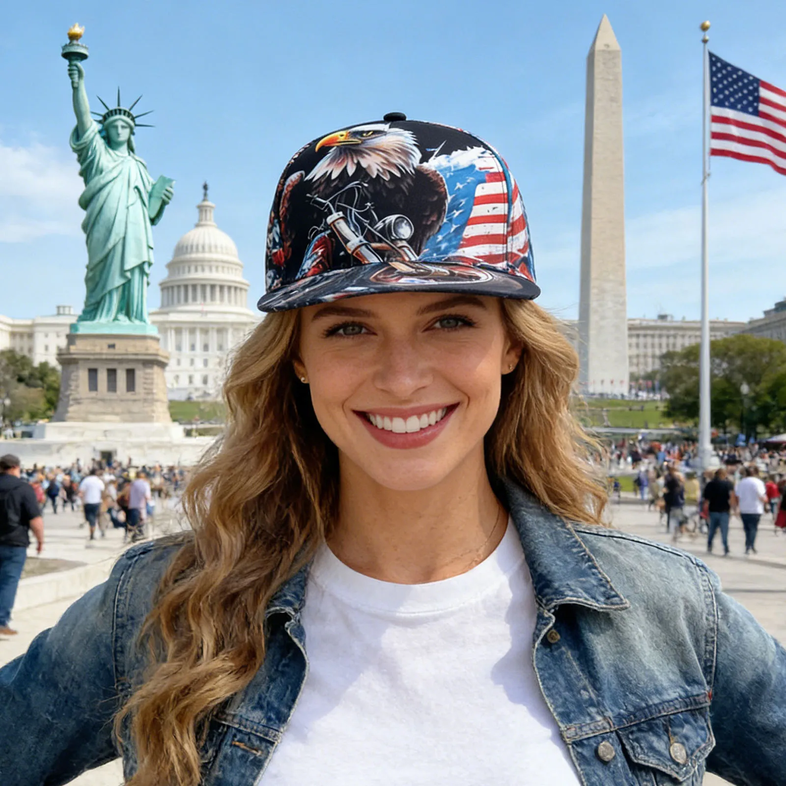 USA Eagle Printed Unisex Flat Brim Snapback Cap Motorcycle A