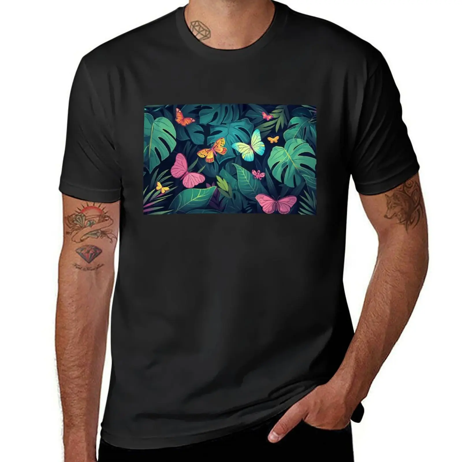 Colorful butterflies among tropical plants T-Shirt korean fashion cute clothes hippie clothes mens clothes