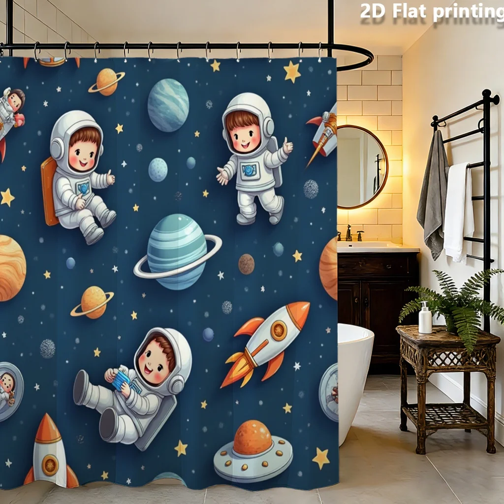 Cute Astronaut Space Shower Curtain, Cartoon Rocket & Planet Waterproof Bath Curtain, Kids Galaxy Bathroom Decor for Boys