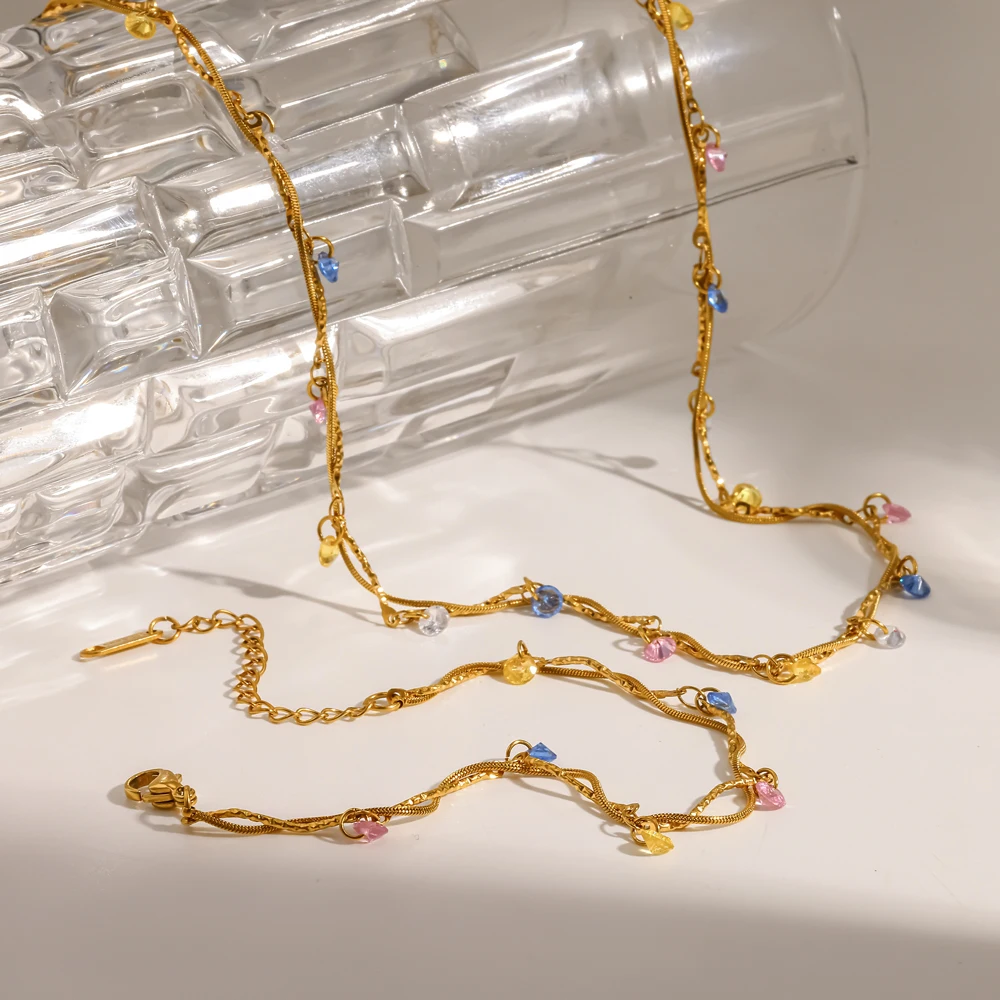 Damen-Set aus 18K vergoldetem Edelstahl mit Naturstein-Kette, Armband und Halskette im Urlaubsstil, farbenfroher edler Schmuck – Detail 3