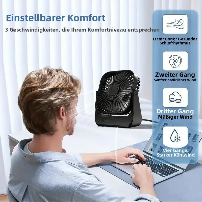 Schreibtischventilator, 4 Geschwindigkeiten, stärkerer Kühlungsluftstrom, tragbarer kleiner Ventilator, wiederaufladbar, extrem leiser persönlicher Mini-Ventilator für Büro, Schlafzimmer, Zuhause,