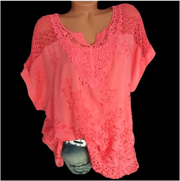 WonMiracle Lace Short Sleeve Women Blouses And Tops Casual V Neck Cotton Loose Tunic Flower Embroidery Hot 2021 Blusas