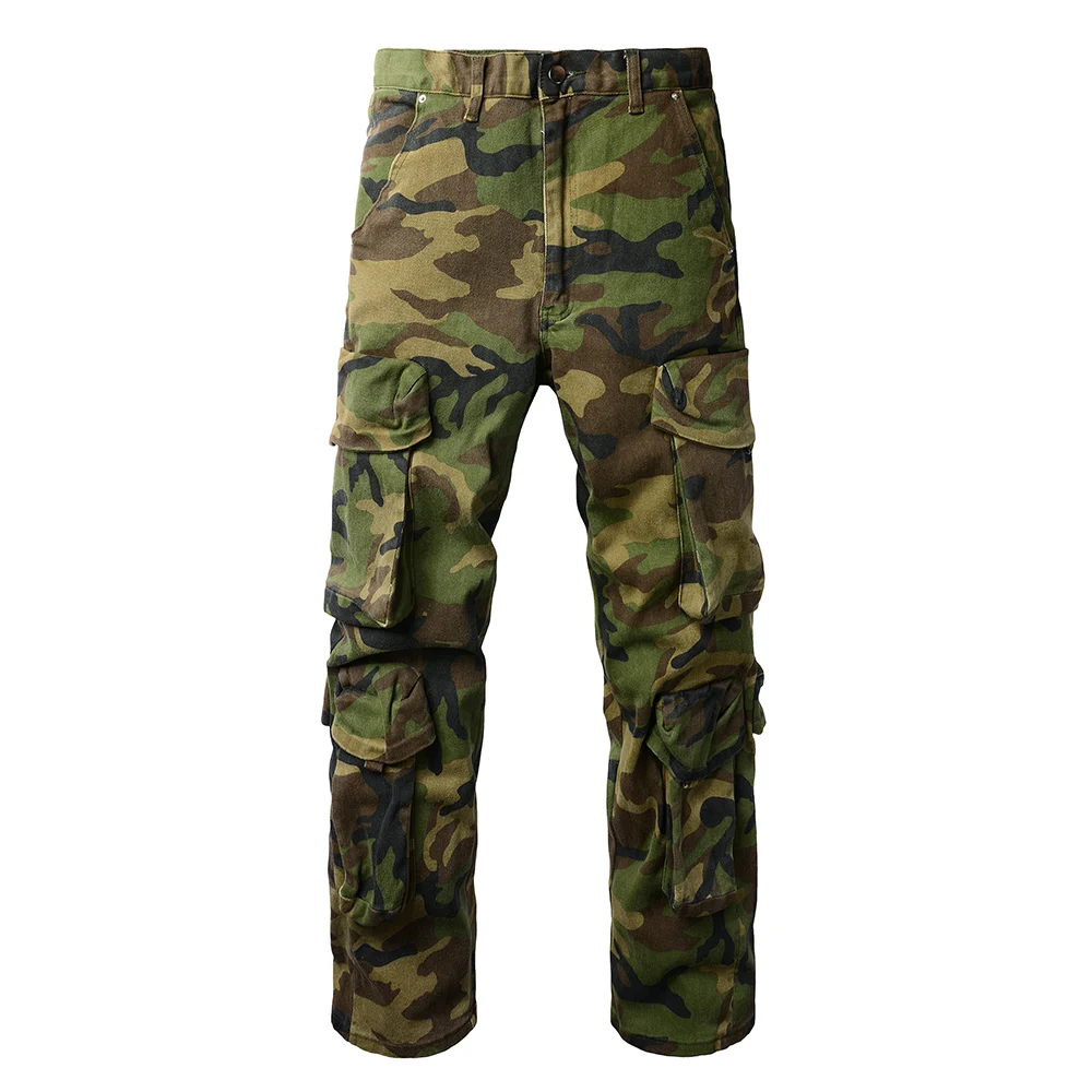 Men Multi Pockets Cargo Jeans Pattern Print High Stretch Denim Pants Slim Straight Trousers Good Quality