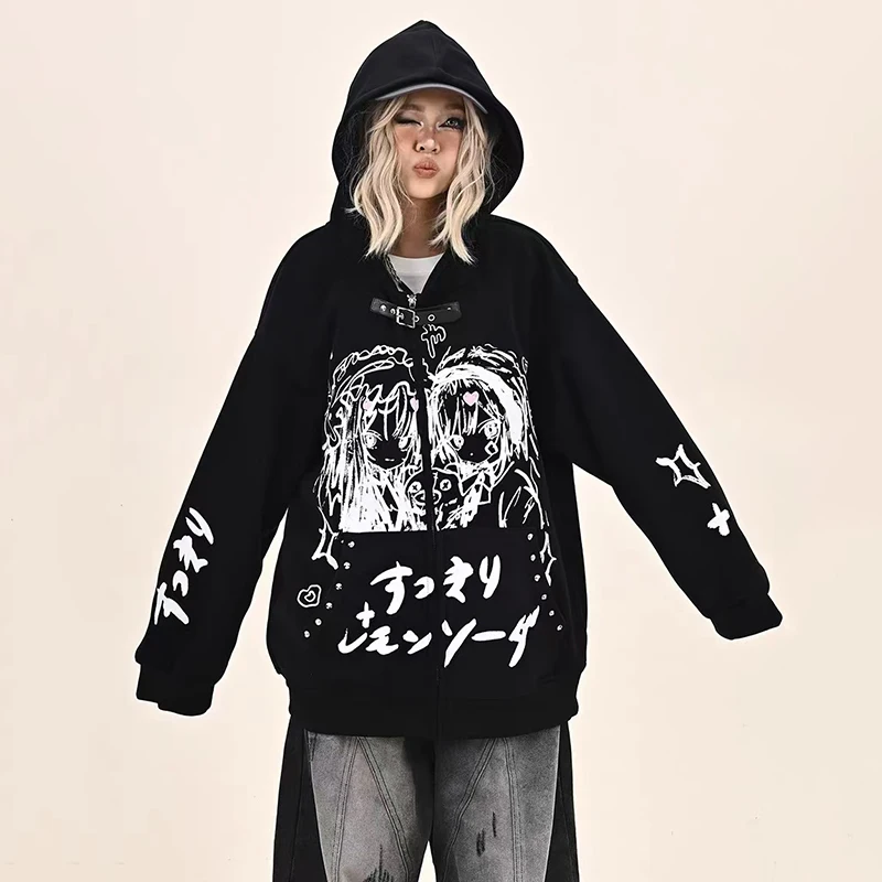 Harajuku Grunge Mode Goth Y2k Streetwear Druck Reiß verschluss Hoodie Mädchen Frauen Kleidung Langarm Anime Overs ize Hoodie weiblich