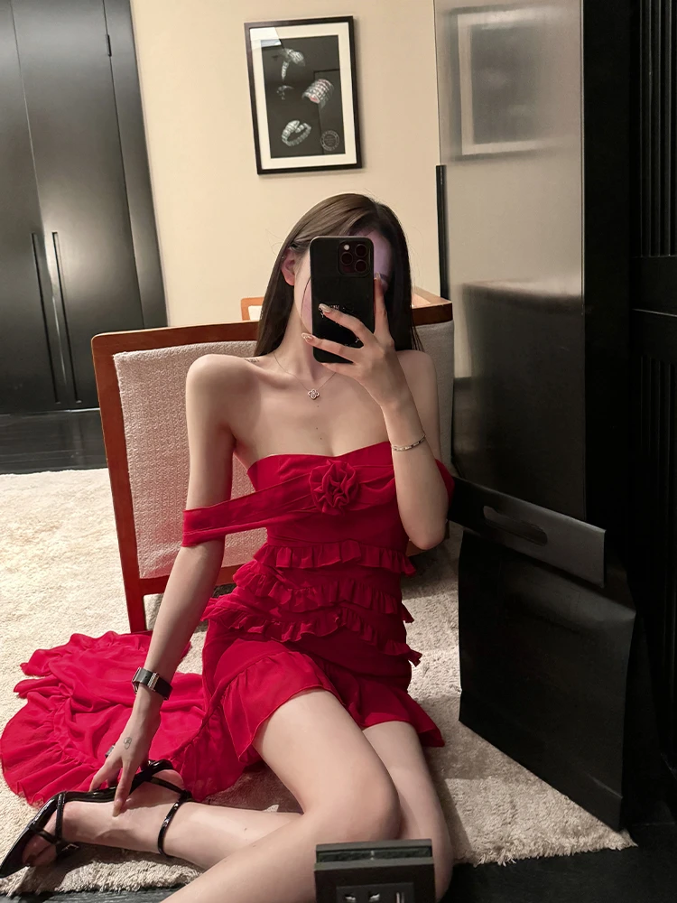 2024 Summer Chiffon Irregular Red Split Dress Sexy Sleeveless Fashion Even Party Dress Wedding French Elegant Slim Dress Woman