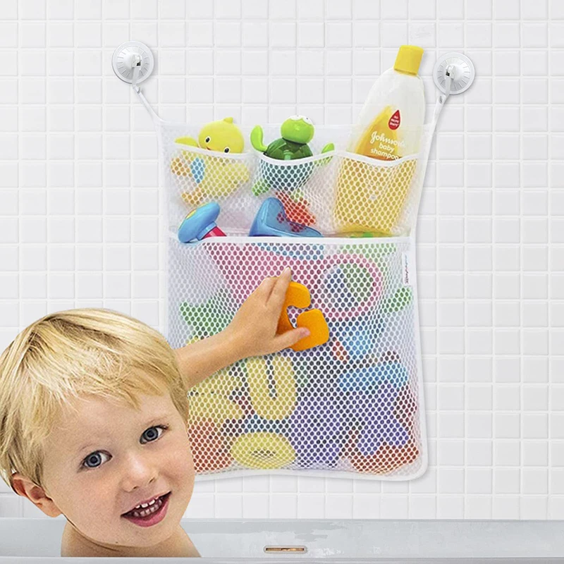 Doccia Giocattoli da bagno Bianco Rosa Maglia portaoggetti per giocattoli per bambini con forti ventose Borsa per giocattoli Organizzatore da bagno in rete per bambini piccoli