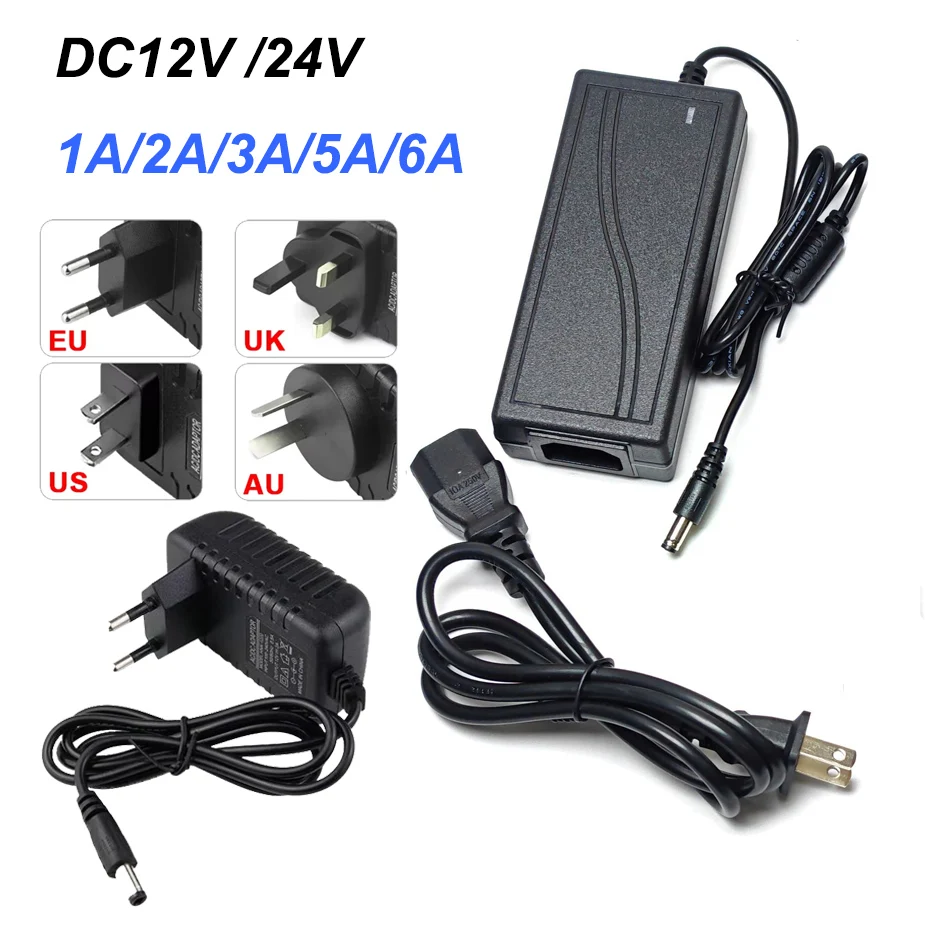 Universal AC110-240V to DC12V/24V 1A-6A Power Adapter with EU US AU UK Plugs for LED Strip Light Charger Converter