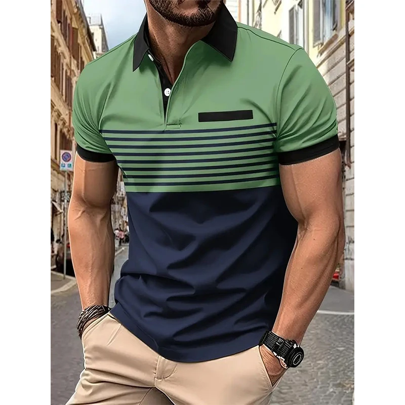 Letnia New Casual Fashion wszechstronna koszulka Polo męska zapinana na klapę Color Block nadruk patchworkowy prążkowana koszulka z długim rękawem