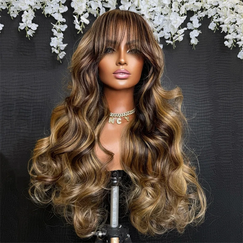 

Sale Black Blonde Highlight Wig Bangs Body Wave Synthetic Lace Frontal Wig Futura High Heat Preplucked Wigs Lady Natural Looking