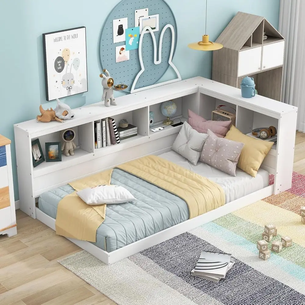 

White Twin Daybed with L-Shaped Bookcases and USB Ports for Kids' or Guest Bedroom, Living Room