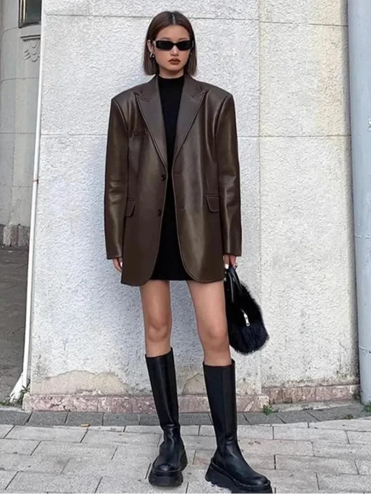 2025Brown /black soft PU leather  women jacket motorcycle long sleeve single breasted casual coat top for autumn high Streetwear