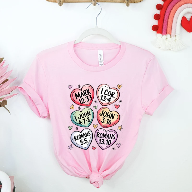 Women's Clothing Christian Valentine Gift Candy Hearts Crew Neck Short Sleeve T-shirt Valentine Bible Verse Fashion Casual Tops