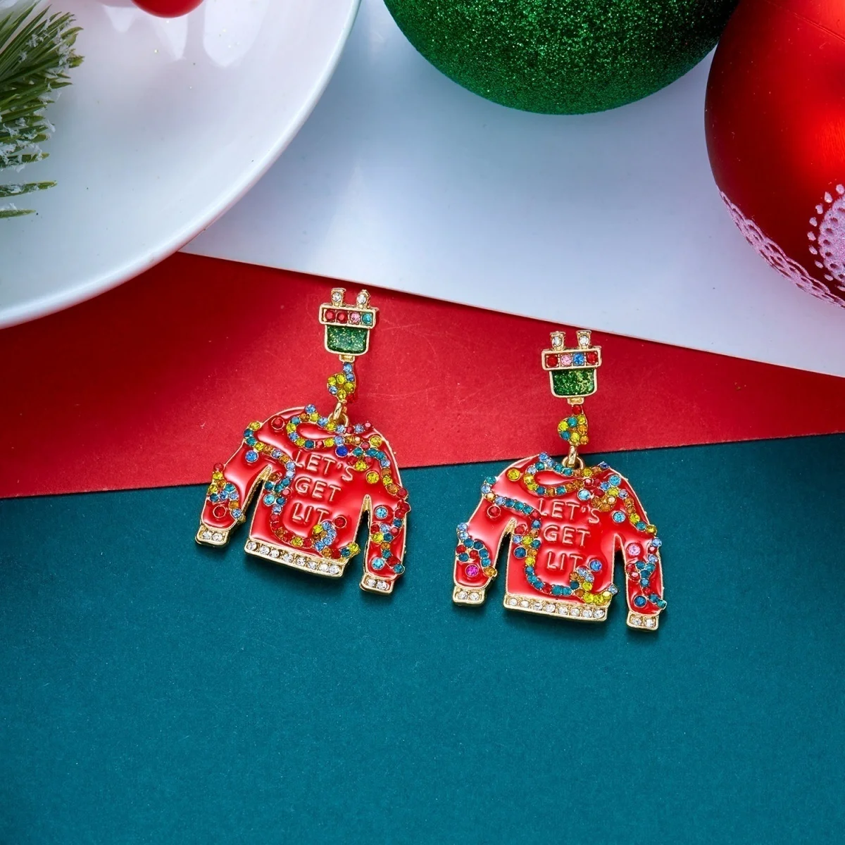 Bunte Strass-Weihnachtspullover-Geschenkbox-Ohrhänger für Damen, Weihnachts-Schneeflocken-, Schlittschuh-, Glühbirnen- und Haus-Ohrringe, Schmuck – Detail 25