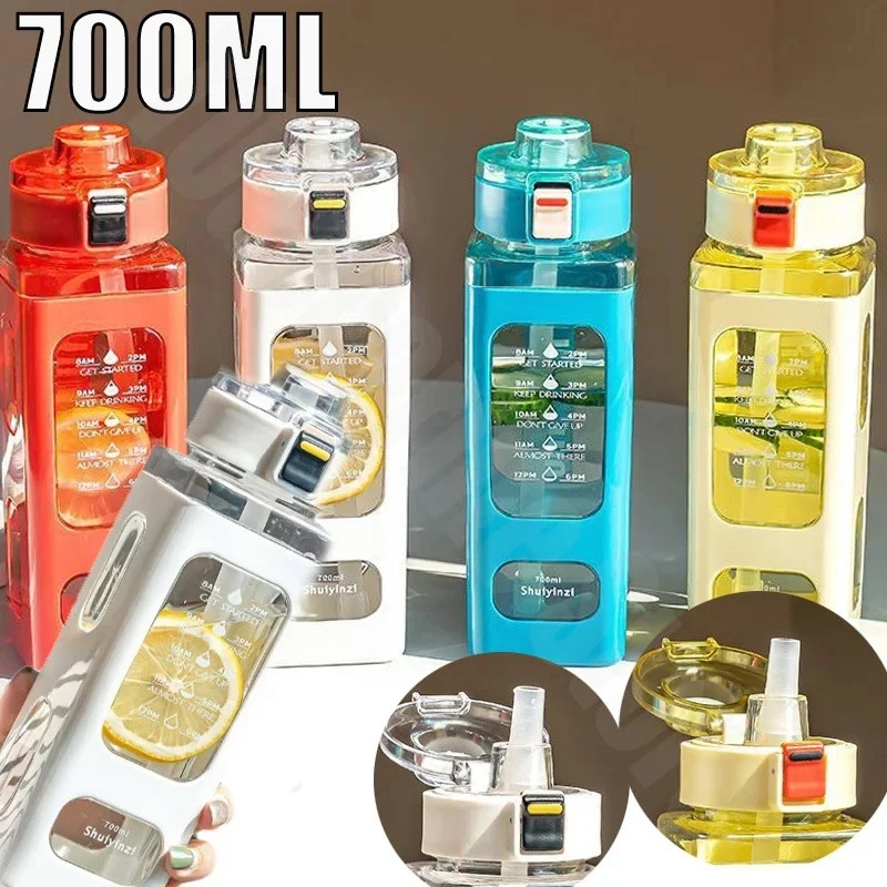 700ml Straw Water Cup Sports Water Cup Square Large Capacity Portable Beverage Tea Bottle Kettle Leakproof Drink Water Bottles