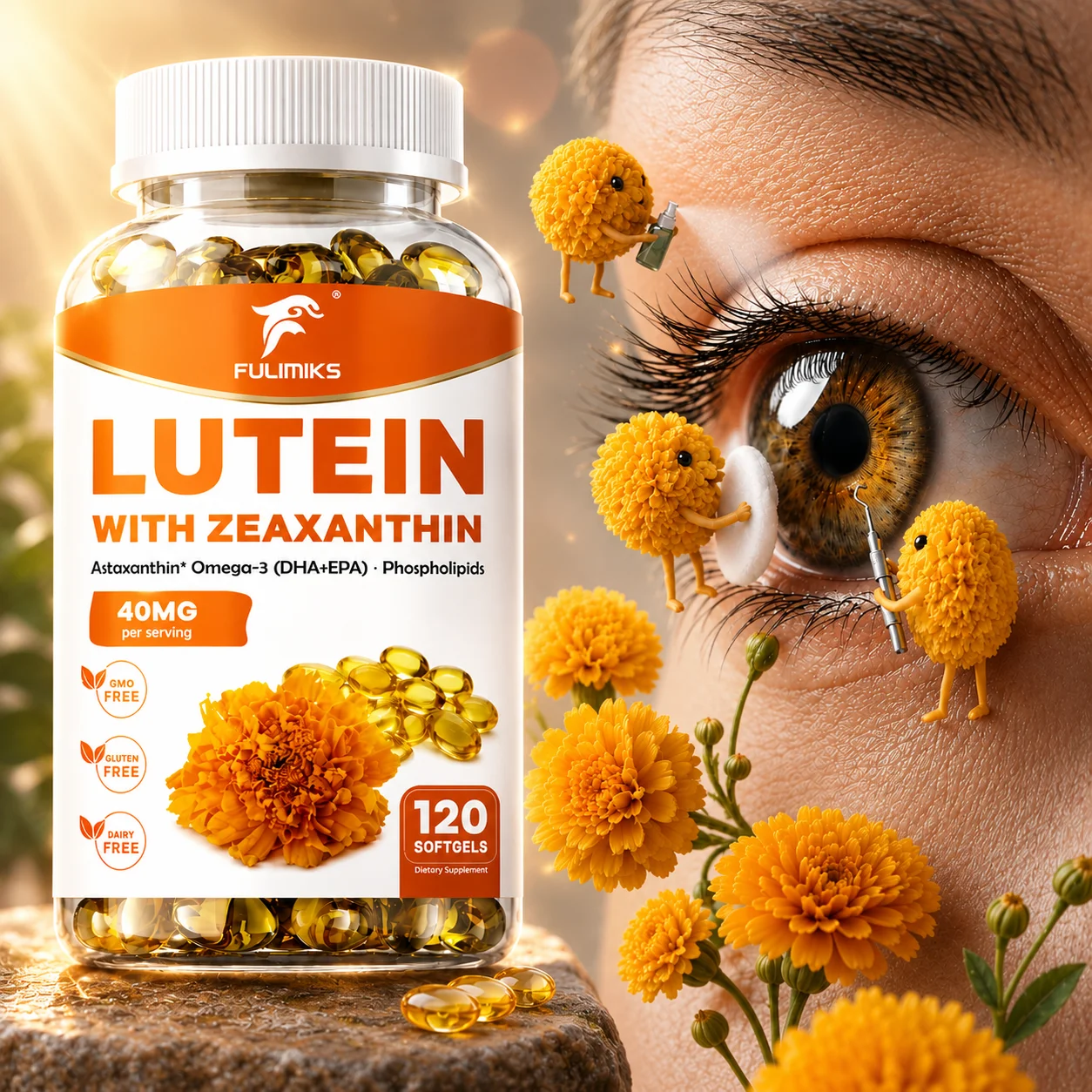 Lutein Zeaxanthin Capsules, Astaxanthin & Omega‑3 DHA EPA, Support Macula Retina Health, Ease Dry Tired Eyes for Screen Users