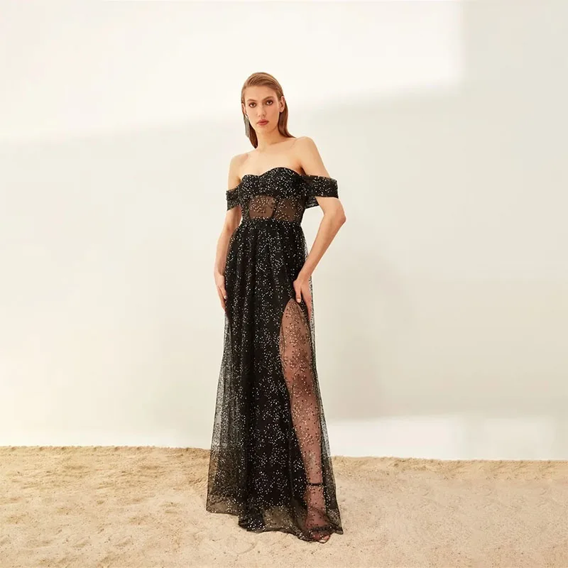 Robe de Soirée Noire Élégante à Paillettes sur Mesure, Longueur au Sol, Manches Courtes, ix