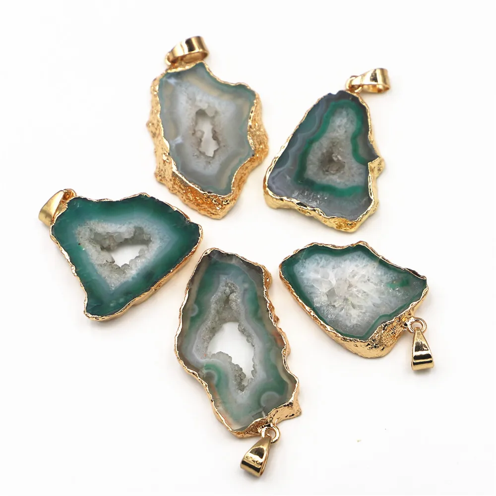 Natural Stone Brazilian Electroplated Edged Slice Open Green Agates Geode Pendants Drusy Druzys for Necklace Jewelry Making 5PCS