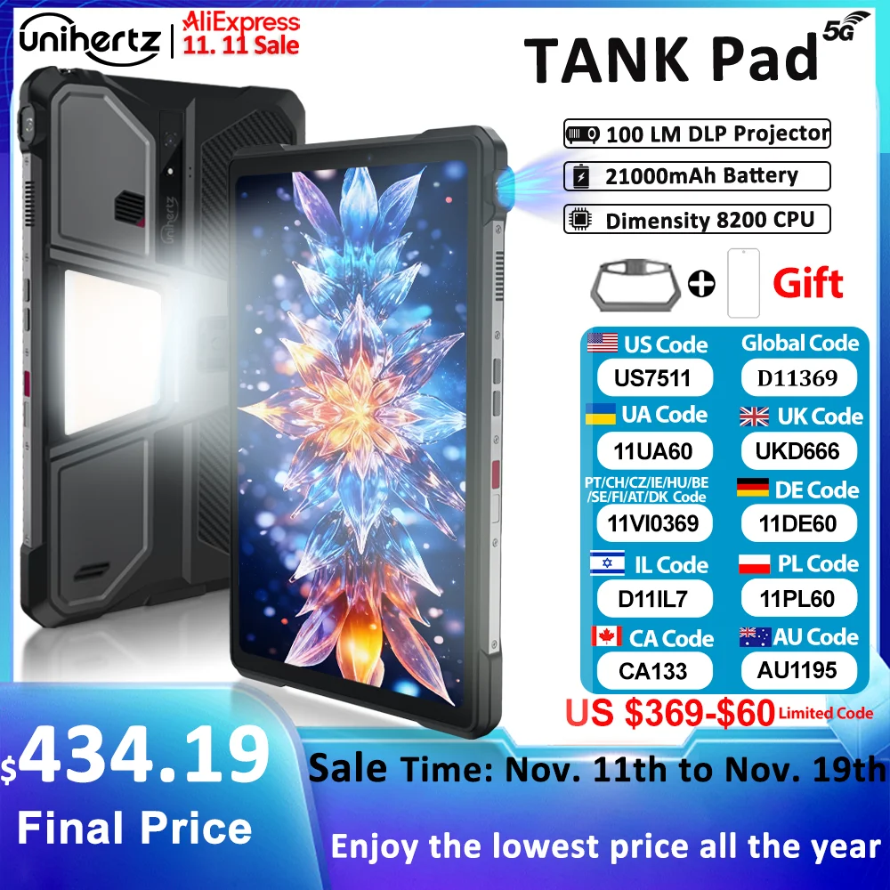 Unihertz Tank PAD Phone with Projector 8849 Rugged Tablet Dimensity 8200 Android 32GB 512GB 21000mAh 10.95'' FHD 5G 66W Tablet