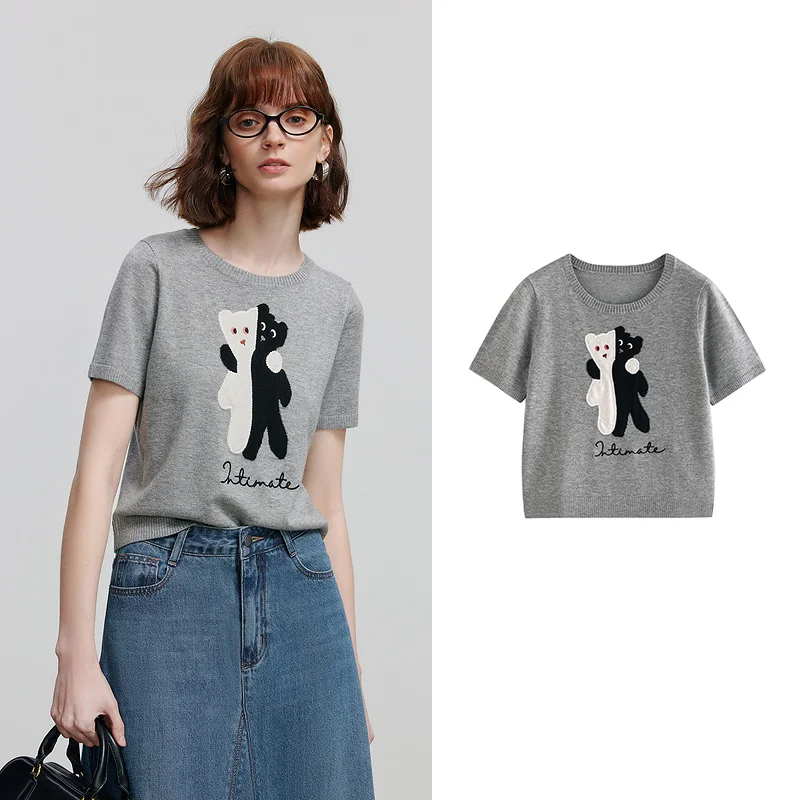 

Women Knitwear 2025 New Cartoon Patch Embroidered Wool Knitted Short Sleeve T-shirt Gray 8523045