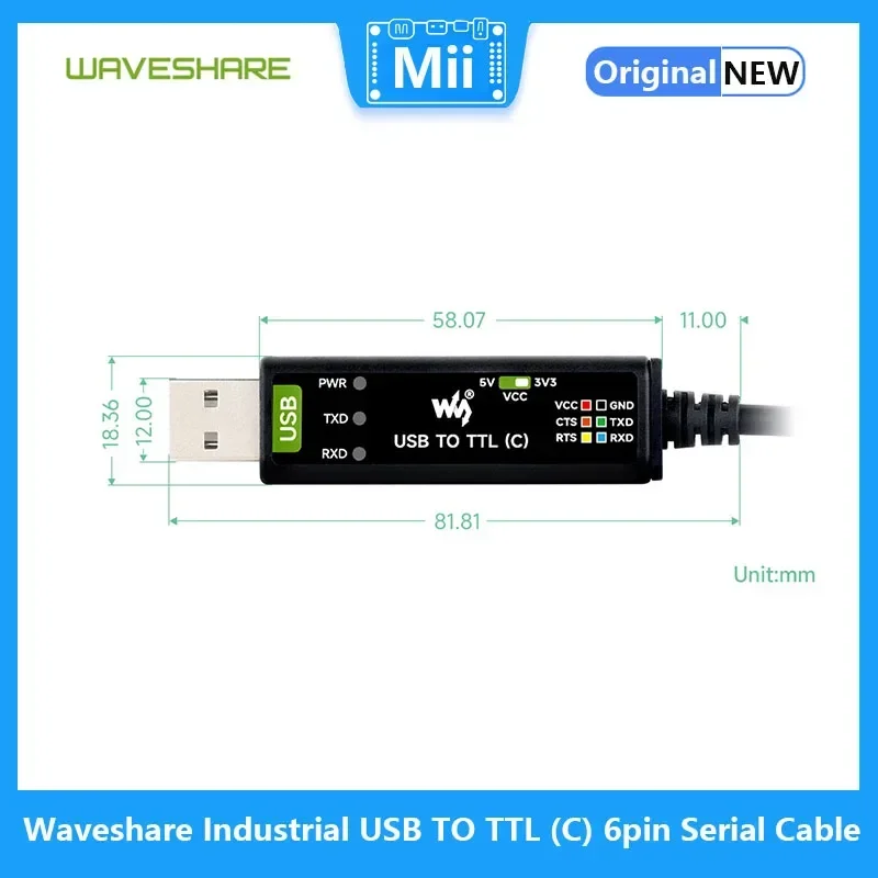 Waveshare 産業用 USB TO TTL (C) 6 ピン シリアル ケーブル、オリジナル FT232RNL チップ マルチ システム サポート マルチ保護回路