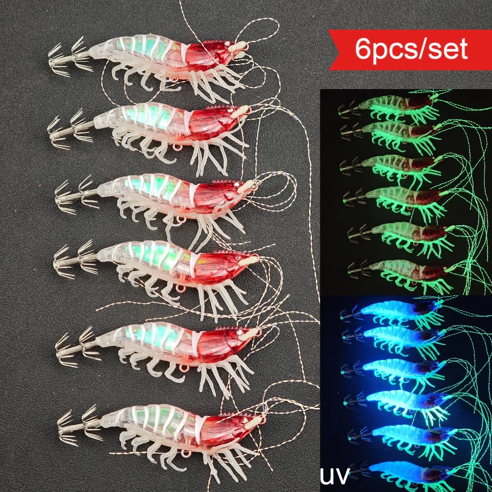 Set de 6 señuelos de pesca luminosos UV para camarones y calamares, señuelo horizontal Egi para pesca en agua salada, cebo para pulpos y sepias.