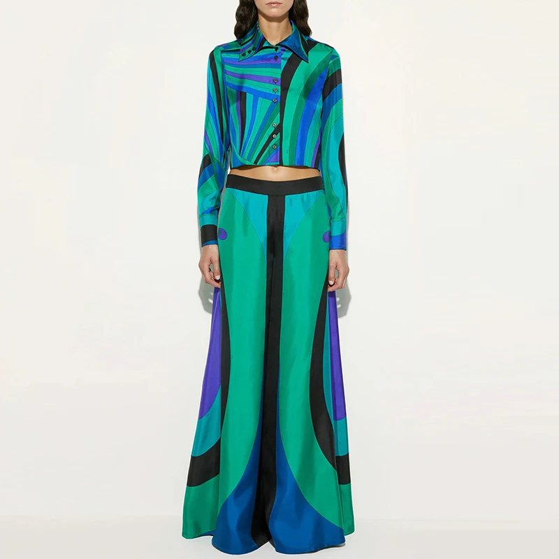 Herbst Neue Lose Pendeln Outfits Elegante Crop Top Casual Zwei Stück Mode Kontrast Farbe Langarm Shirts & Breite bein Hosen Sets