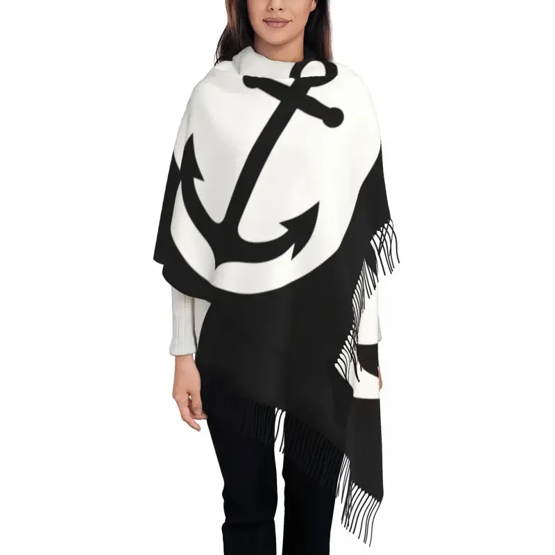 Black Anchor Inside White Circle Scarf Wrap Women Long Winter Warm Tassel Shawl Unisex Nautical Scarves