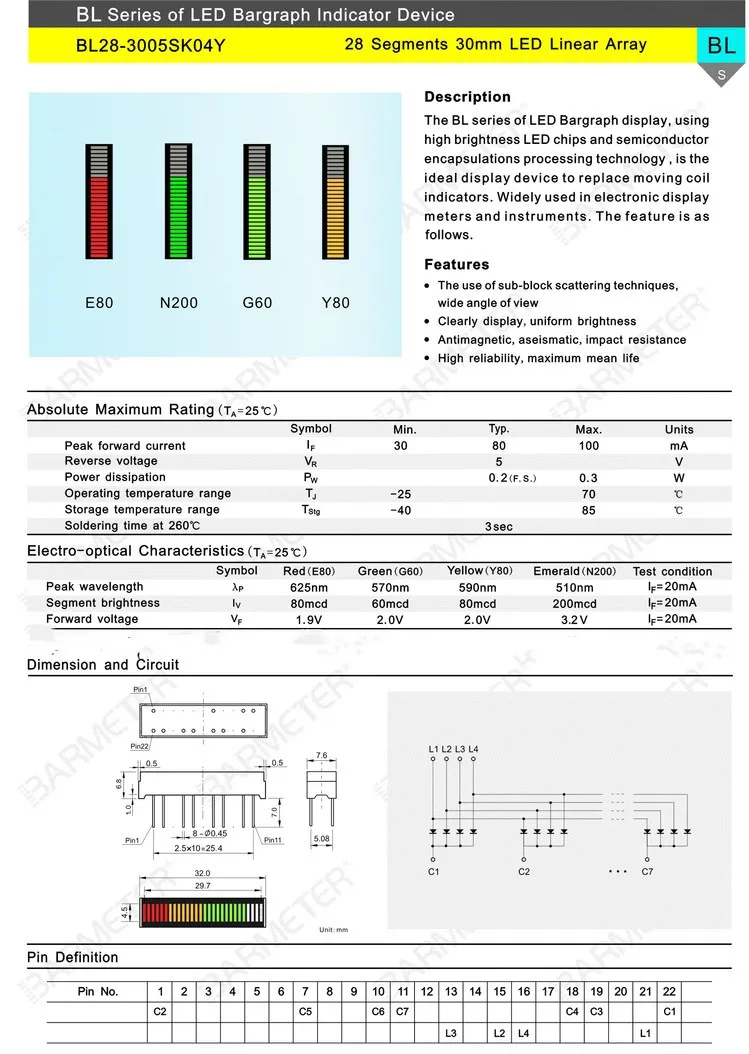 BL28-3005S 28-segmentowy moduł wyświetlacza LED 30 mm urządzenie wyświetlające dźwięk DB miernik głośności pasek LED żółta listwa świetlna LED urządzenie wyświetlające — zdjęcie 7