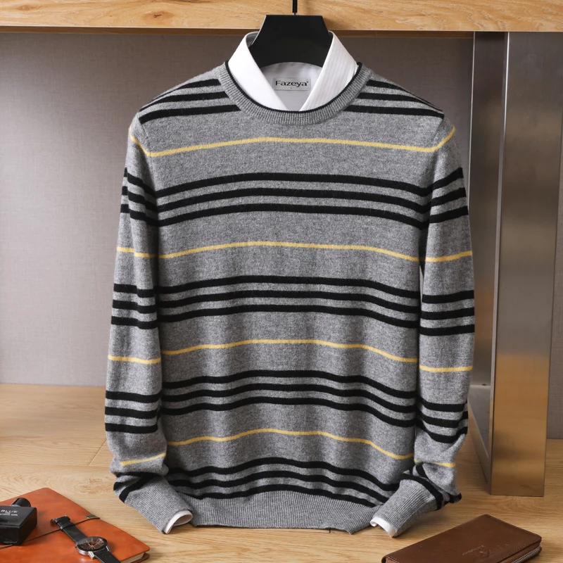 Autumn And Winter New 100% Pure Wool Sweater Men Round Neck Knitting Casual Stripe Contrast Color Loose Long-Sleeved Fashion Top