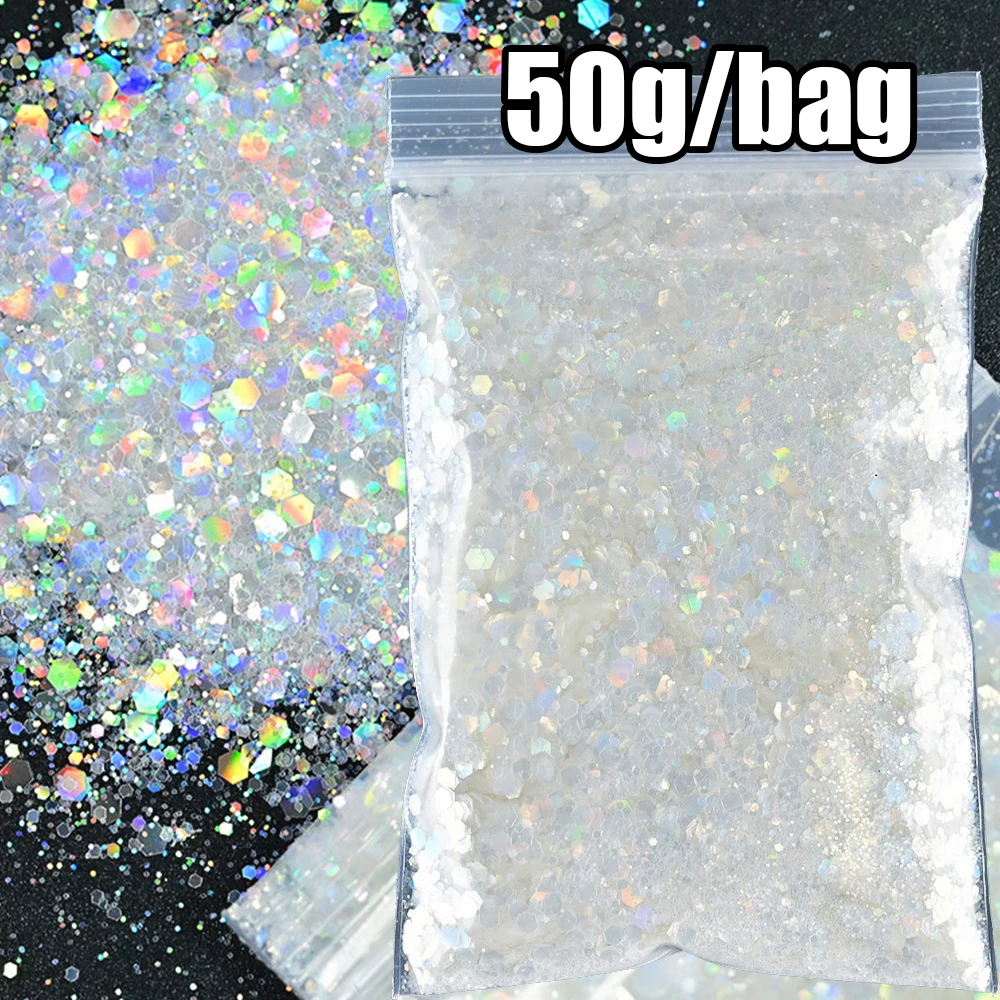 50g/bag Pink/White Iridescent Unicorn Nail Glitter Sequins Mixed-size Hexagon Nail Flakes Laser Pink Fantasy Ultra-Fine Sequins