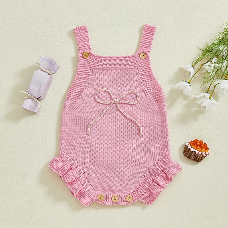 

0-18 Months Baby Girls Spring Summer Knit Bodysuit Sleeveless Ruffle Trim Bow Embroidery Rompers