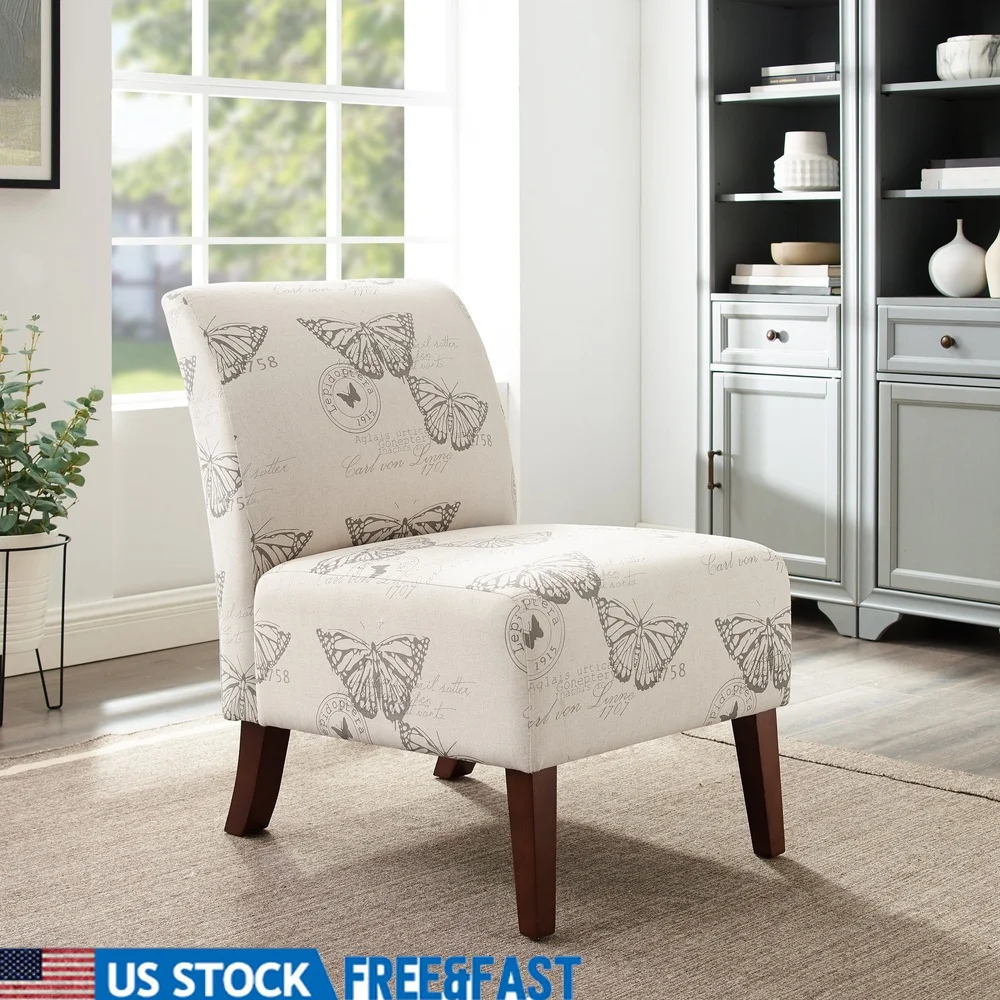 

Stylish Indoor Upholstered Slipper Accent Chair Plush Butterfly Pattern Linen Durable Eucalyptus Wood Espresso Legs Home Decor