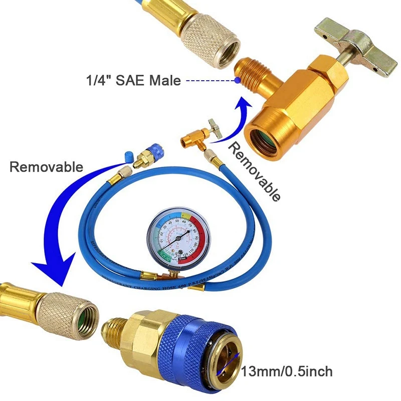 R134A Charging Hose To Refrigerator -With Air Conditioning Gauge - Refrigerant R134A Can Tap To R-12/R-22 Port