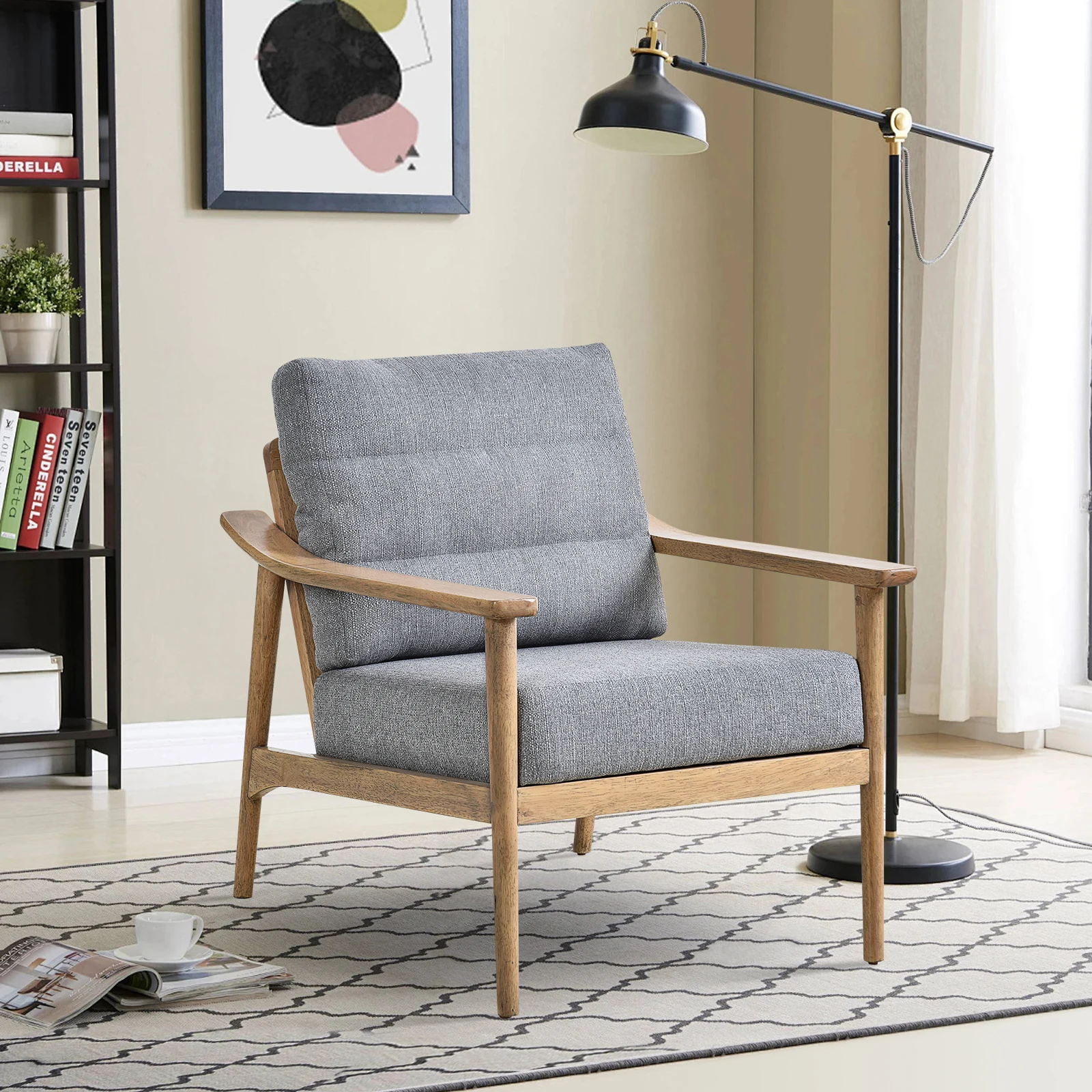 Home Accent Chair Mid-Century Modern Chair Upholstered Lounge Arm Chair with Solid Wood Frame & Soft Cushion for Living Room