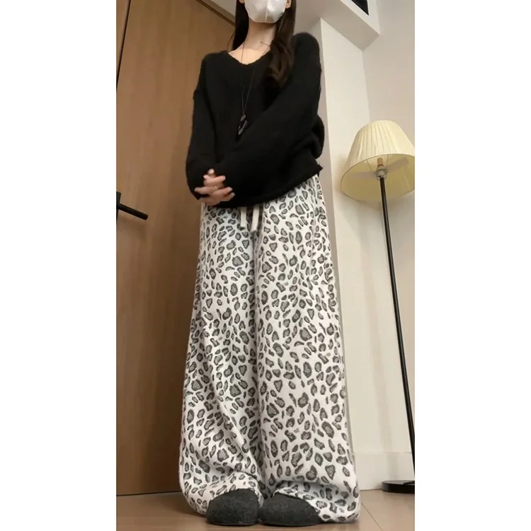 레트로 레이지 레오파드 프린트 와이드 레그 팬츠 여성용 가을 겨울 신상 니트 소프트 편안한 플리스 라이스 누들 팬츠