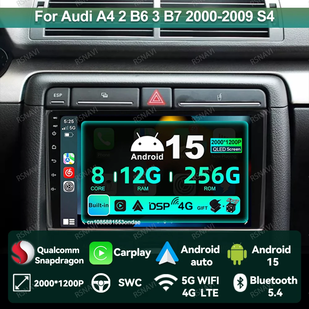

Car Radio Android 15 For Audi A4 2 B6 3 B7 2000-2009 S4 2002-2008 Multimedia Wireless Carplay Auto GPS QLED BT Head Unit 4G LTE