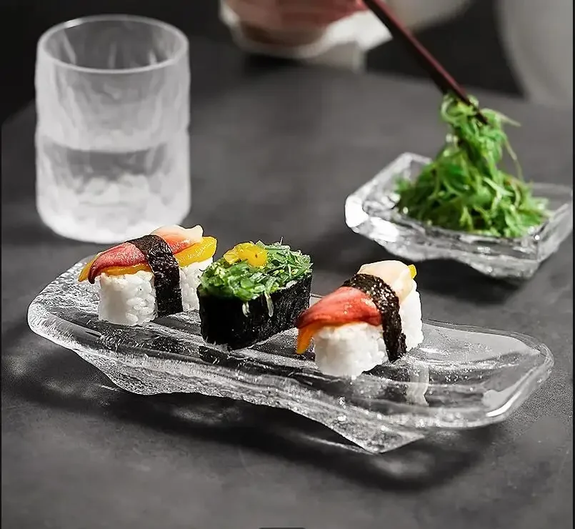 

Стеклянная тарелка для сашими, суши, огурцы, прямоугольная сервировка, украшение для десерта, японские кухонные столовые приборы