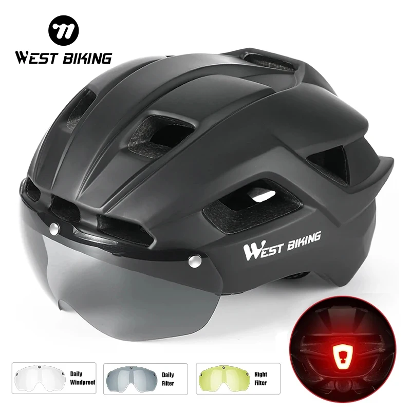 WEST BIKING Ultralight Bike Helmet With Taillight Goggle Men Women Integrated Cycling Safety Hat MTB Road Bike Motorcycle Helmet