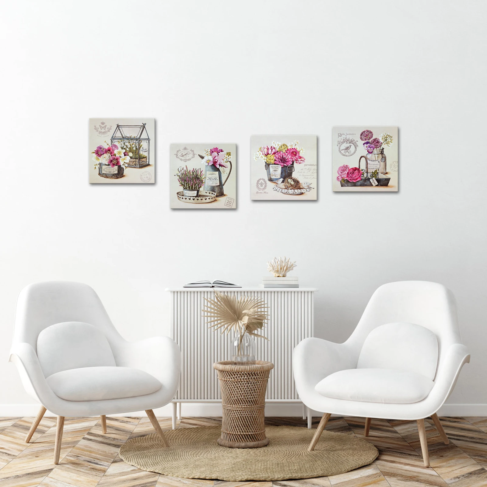 4 Pieces Flowers In Basket Home Decor Poster Birds and Flowers Print Canvas Art Modern Style Pictures Living Room Wall Art