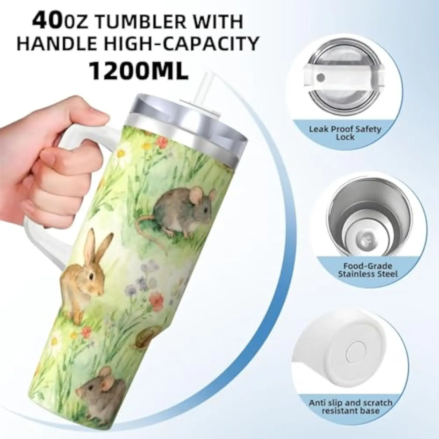Watercolor Forest Animals Rabbit Mouse Hedgehog Tumbler 40oz Stainless Steel Travel Mug with Handle and Straw view 4