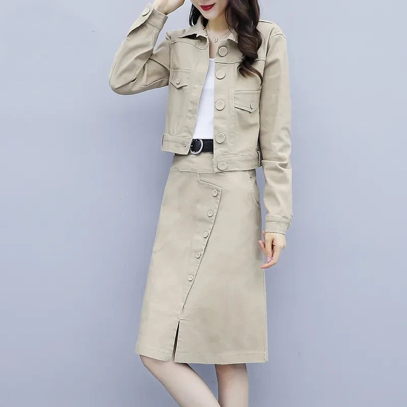 Fashion Slim Spring Skirt 2 Piece Set Casual Short Jacket + Vintage Split Belt Midi Straight Faldas Ensembles Korean Conjuntos