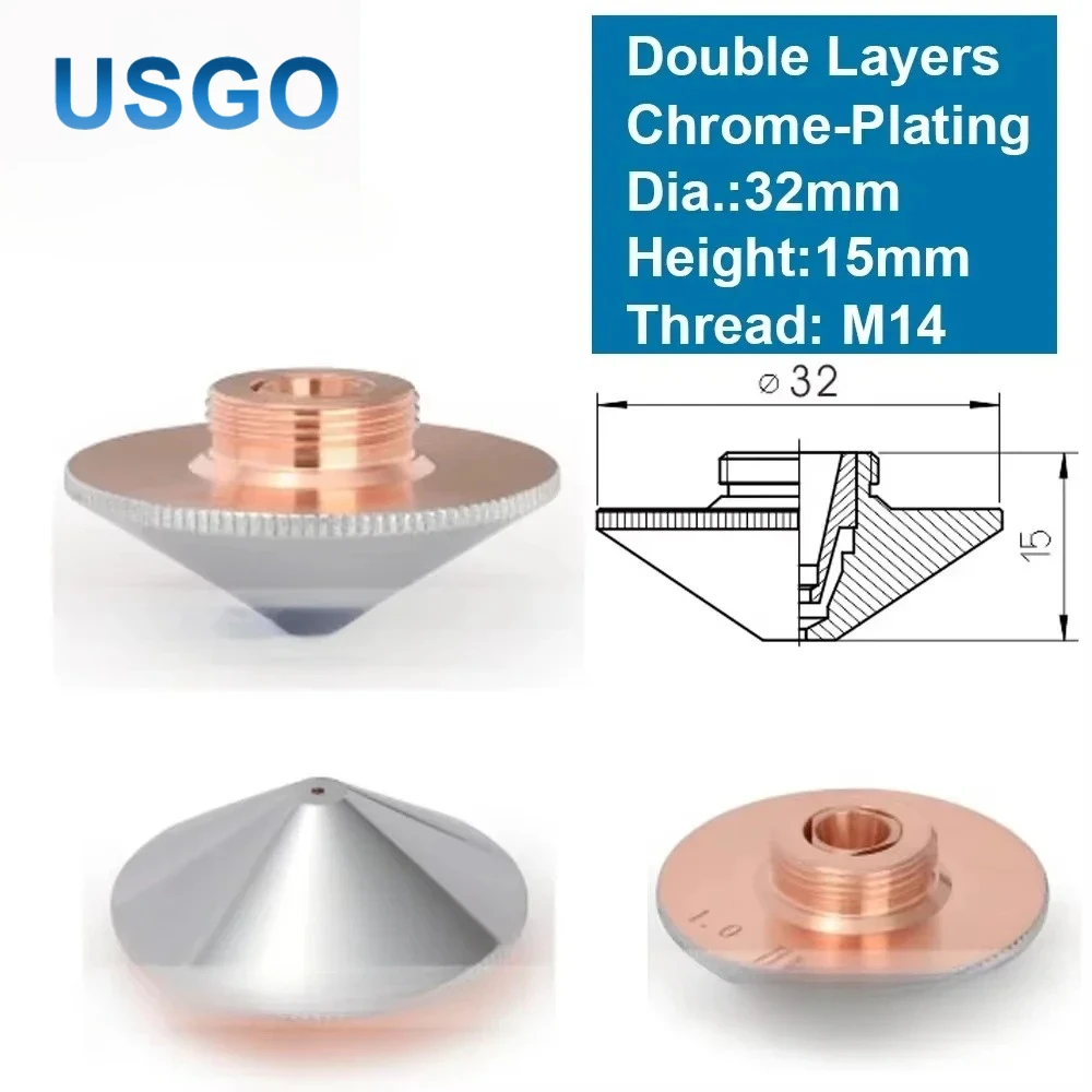 USGO Double Layer Chrome Plated Laser Nozzle D32 Caliber 0.8-4.0mm for Raytools Empower Fiber Laser Cutting Head Parts