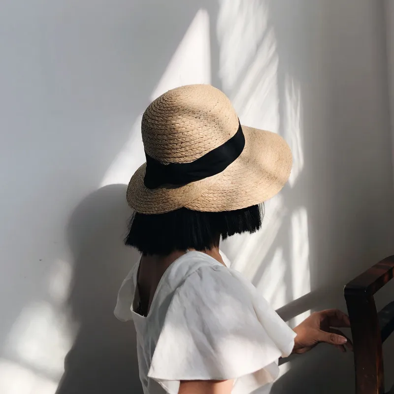 Spring/summer Raffia Back Brim Ribbon Straw Hat Foldable Beach Hat for Women Large-brimmed Sunscreen Sun Hat