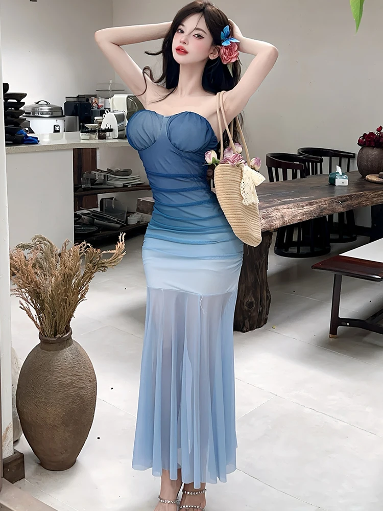 Zomer roze gradiënt mesh chique borstverpakking sexy lange jurk vrouwen geplooide bodycon dansfeestjurk 2025, Koreaanse elegante jurk