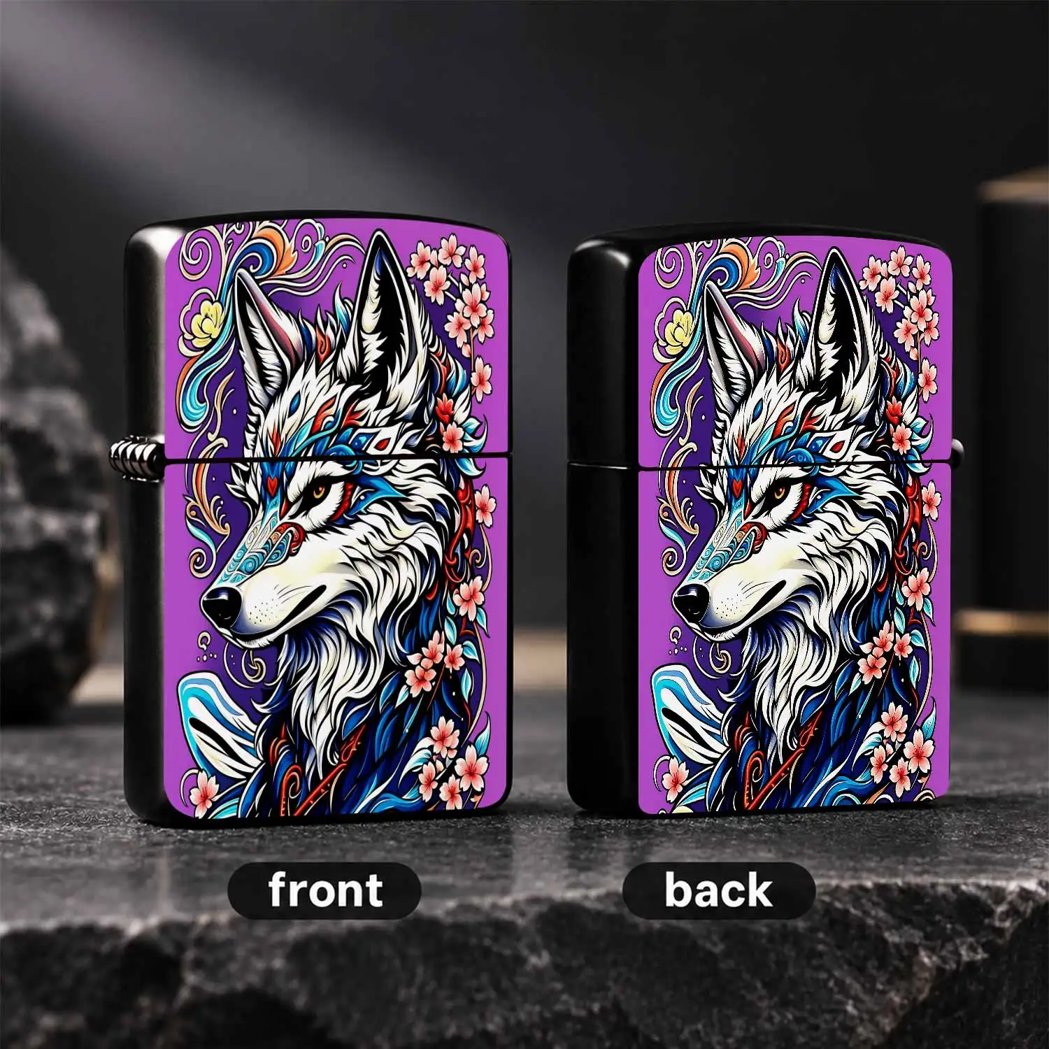 Exquisite Ornate White Wolf Pattern Lighter, Vibrant Cherry Blossom Decor Artistic Portable Lighter, Creative Trendy Accessory For Daily Use, Outdoor Camping, Gifting And Desktop Display Decoration A Humorous And Interesting Lighter