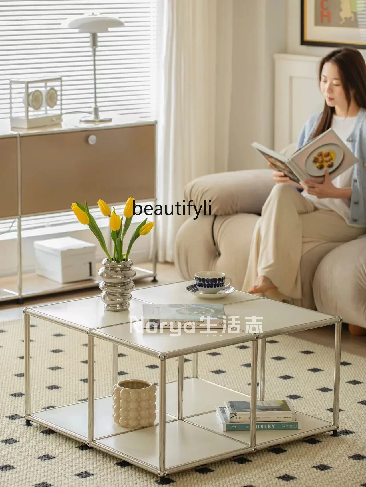 

Hot sales Medieval simple stainless steel module coffee table square edge few household living room small tea table