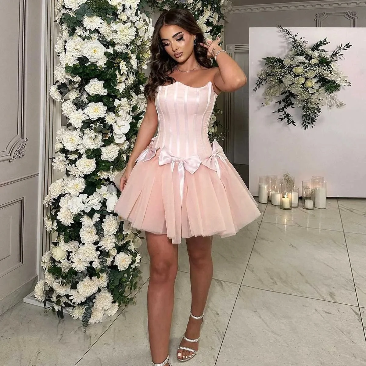 

Blush Pink Girls Party Dress Short Cute Bows Tutu Tulle A Line Women Dress Corset Mini Length Princess Prom Gown Formal Dress